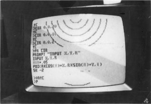 Picture 4 - THE CIRCLE drawing function is shown here. Also notice the self-help 'PROMPT' function of the Zgrass-32. You can see some of the 3x5 character set displayed in this photo.